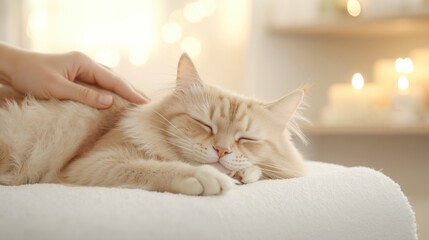 Person's hand petting fluffy ginger cat sleeping comfortably. Close-up of cute domestic pet relaxing in cozy home with warm lights. Animal care and companionship concept