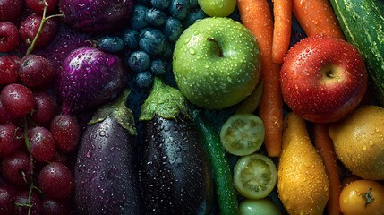 A vibrant background filled with an artistic spread of assorted fruits and vegetables, arranged in gradient color patterns, glistening under soft daylight, with intricate textures and fresh dew drops