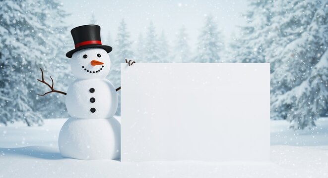 Cheerful snowman holding blank white sign in snowy winter forest. Christmas holiday background with copy space for text. Festive seasonal greeting card concept