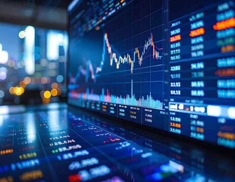 Financial data displayed on multiple screens