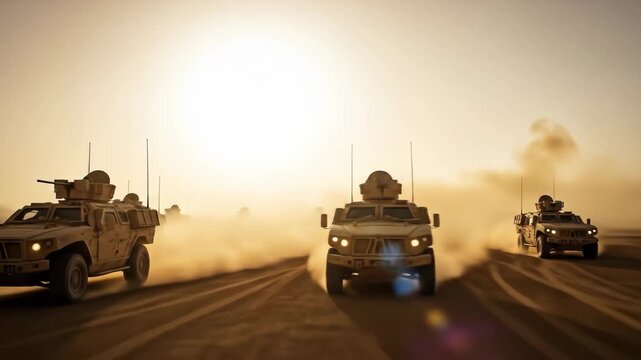 A military convoy of armored vehicles patrols a dusty desert landscape during a mission at sunset, kicking up sand.