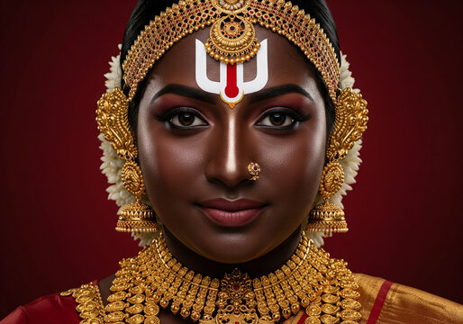 Tirupati inspired South Indian woman portrait with U shaped white namam and red line, wearing traditional gold temple jewelry and red silk saree on maroon background, diffused studio lighting