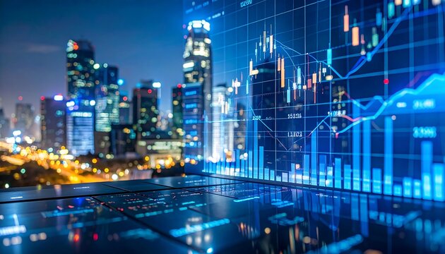 Financial data displayed over a city skyline at night - Powered by Adobe