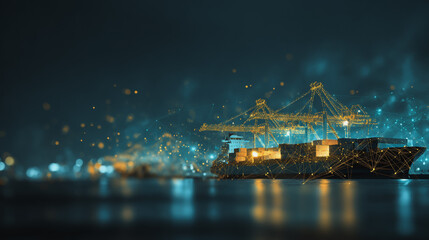 Fototapeta premium Smart Innovation connection cyber security Container truck in ship port for business Logistics transportation of Container Cargo ship Cargo plane with working crane bridge in shipyard at Twiligh