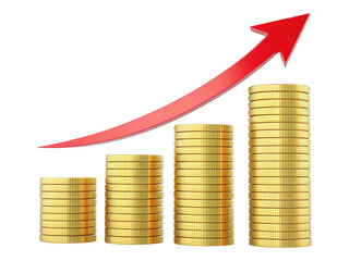 3D Render Financial Growth Bar Chart with Increasing Gold Coin Stacks and Upward Red Arrow