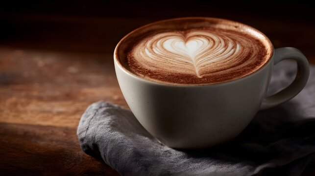 A warm cappuccino with heart latte art sits on a wooden table creating a cozy and inviting atmosphere