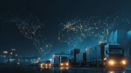 Smart Innovation connection cyber security Container truck in ship port for business Logistics transportation of Container Cargo ship Cargo plane with working crane bridge in shipyard at Twilight