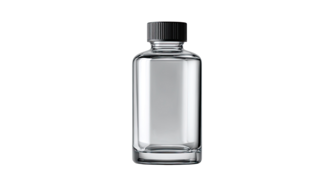 Colorless transparent glass bottle with closed cap containing dangerous toxic liquid chemical substance marked as poisoned isolated on white background
