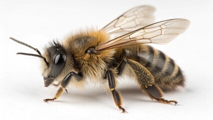 Mason Bee with fuzzy body, translucent wings, and natural metallic sheen, isolated on a clean white studio background, realistic pollinator insect macro portrait, sharp focus, professional lighting