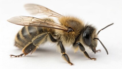 Mason Bee with fuzzy body, translucent wings, and natural metallic sheen, isolated on a clean white studio background, realistic pollinator insect macro portrait, sharp focus, professional lighting