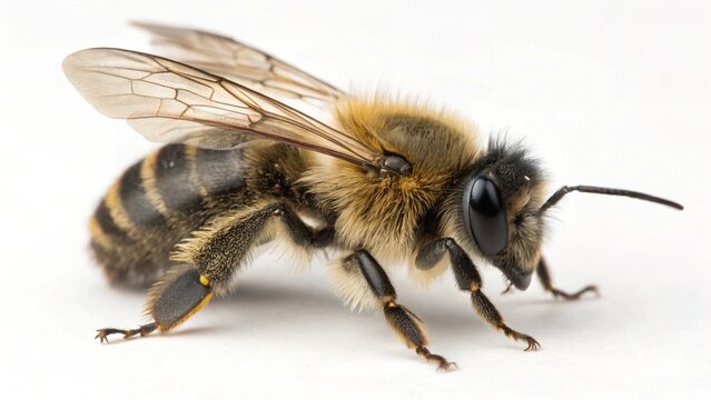 Mason Bee with fuzzy body, translucent wings, and natural metallic sheen, isolated on a clean white studio background, realistic pollinator insect macro portrait, sharp focus, professional lighting