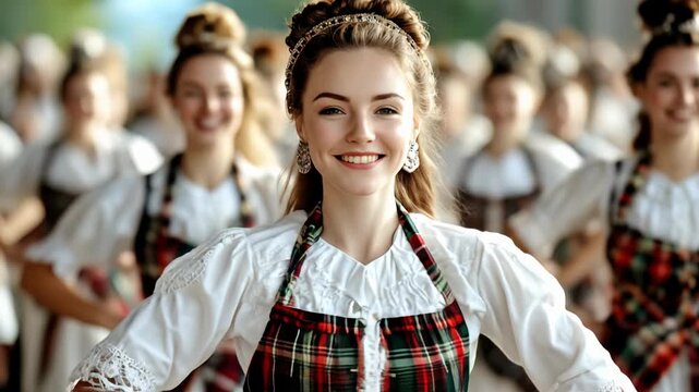 Joyful women in traditional Scottish kilts and attire smile at a vibrant heritage festival celebrating community and cultural expression with festive fashion and proud customs.