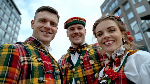 Joyful individuals in traditional Scottish kilts and attire celebrate a festive cultural event expressing heritage pride with vibrant fashion and community spirit during Scottish customs.
