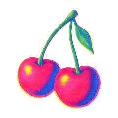 PNG Vibrant cherries with green leaf.