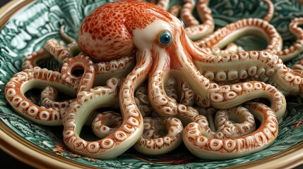 An octopus presented on a ceramic plate with intricate details