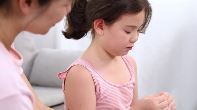 Kids, cosmetic, mother, child, skincare, Asian mother and multicultural daughter enjoying selfcare time together, learning about beauty with cosmetics, expressing parenting, fun, bonding, family love