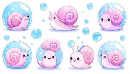 Cute pink snails in bubbles