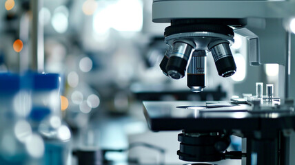 Microscope in a laboratory setting close-up view of scientific equipment for medical research and analysis used in pharmaceutical development