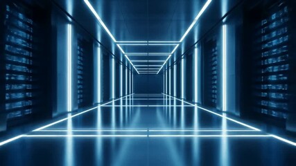 Navigating a Futuristic Server Room Corridor with Neon Lights in 4K - Powered by Adobe