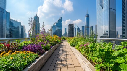 Fototapeta premium Rooftop garden with vibrant flowers and greenery.