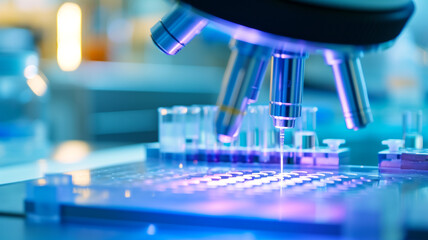 Close-up of a microscope examining test tubes in a laboratory scientific research and medical analysis illuminated with blue and purple light