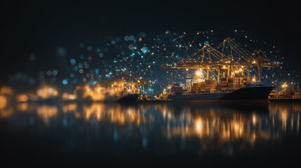 Fototapeta premium Smart Innovation connection cyber security Container truck in ship port for business Logistics transportation of Container Cargo ship Cargo plane with working crane bridge in shipyard at Twilight