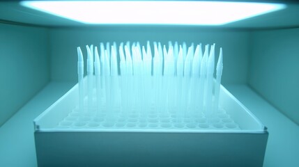 Arranged pipette tips in a sterile box for scientific research