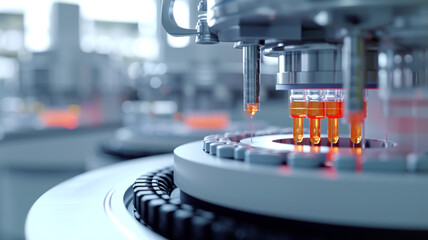 Automated pharmaceutical manufacturing process vials being filled with liquid on a production line modern industrial technology