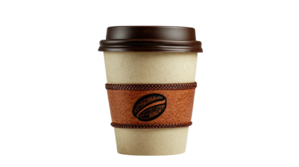 Single disposable coffee mug with brown plastic lid and matching brown sleeve band made of paper material isolated on white background
