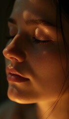 A detailed close-up portrait of a woman’s peaceful face illuminated by golden light. The photo highlights her natural skin texture, closed eyes, and soft shadows, creating a mood of warmth and calm