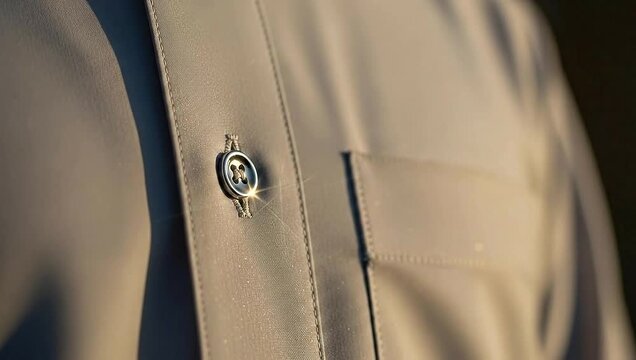 Close-up shot of a buttoned garment featuring a silver button, pocket, and fabric details