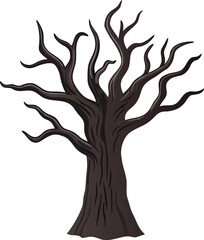 A dark illustration of a bare twisting tree with exposed branches