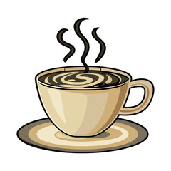 A steaming cup of coffee sits atop a matching saucer