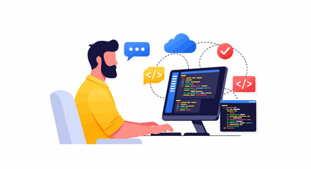 A bearded man in a yellow shirt is programming on a computer with code displayed on the screen, surrounded by icons representing cloud computing and communication.