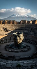 Ancient Amphitheater with Statue and Mountain Backdrop in Pompeii.
