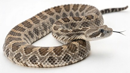 Obraz premium Massasauga rattlesnake with gray-brown patterned scales, triangular head, and rattle-tipped tail, coiled on a clean white studio background, realistic venomous snake portrait, sharp focus, professiona
