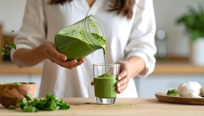 Woman pouring healthy green smoothie into glass in bright with natural kitchen setting.