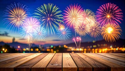 Fireworks display over city at night on wooden table