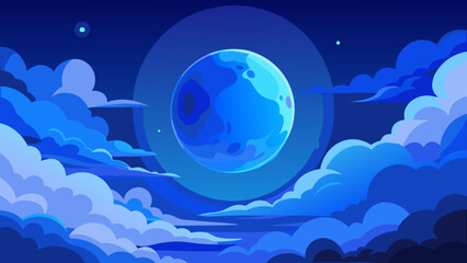 Illustration of a blue moon surrounded by blue clouds