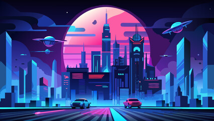 Futuristic city skyline with flying saucers at night
