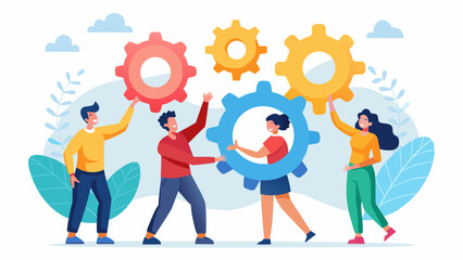Teamwork illustration with gears and people working