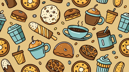 Seamless pattern of donuts coffee and other sweet treats