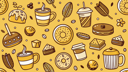 Seamless pattern with coffee and dessert on yellow background