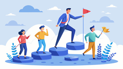 Team following leader to the top with flags and clouds