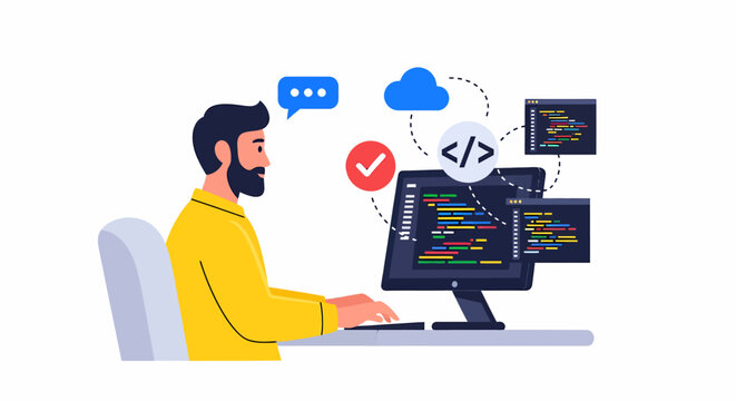 A programmer working on a computer with code and cloud icons around the screen.