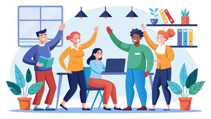 Group of people celebrating in an office setting scene