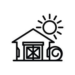 A blacklined icon of a barn with an Xshaped door a roll and a sun shining overhead