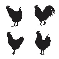 Silhouettes of roosters and hens in a simple black and white design