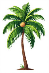 A vibrant illustration of a tropical palm tree with lush green fronds and a single coconut.
