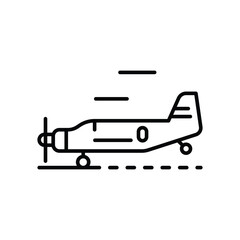 A minimalist blacklined airplane propeller visible on a dashed runway Motion lines above suggest flight